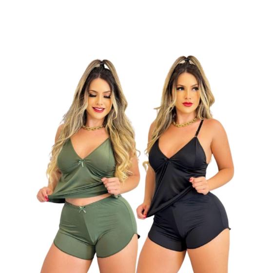 Imagem de Kit com 2 Baby Doll Pijama Sem Bojo Malha Fria liganete  Short Doll Feminino Conjunto Com Renda Baby Dool Babydoll