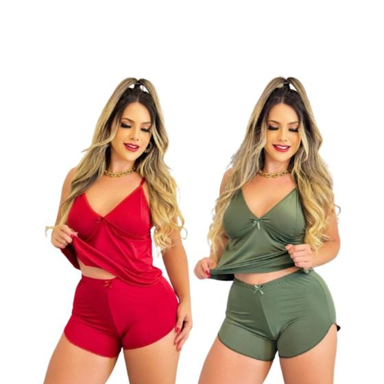 Imagem de Kit com 2 Baby Doll Pijama Sem Bojo Malha Fria liganete  Short Doll Feminino Conjunto Com Renda Baby Dool Babydoll