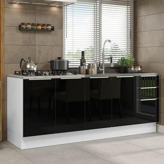 Kit com 2 Balcões de Cozinha Madesa Lux 4 Portas 3 Gavetas (Sem Tampo e Pia) - Branco/Preto Menor preço em Kit com 2 Balcões de Cozinha Madesa Lux 4 Portas 3 Gavetas (Sem Tampo e Pia) - Branco/Preto