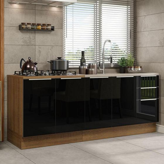 Imagem de Kit com 2 Balcões de Cozinha Madesa Lux 4 Portas 3 Gavetas (Sem Tampo e Pia) - Rustic/Preto