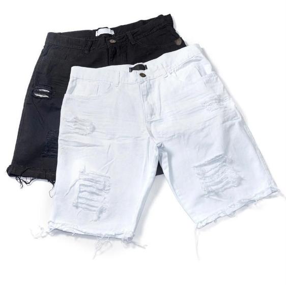 Imagem de Kit com 2 bermudas shorts jeans masculina slim rasgado preto/branco modelo ( destroyed )