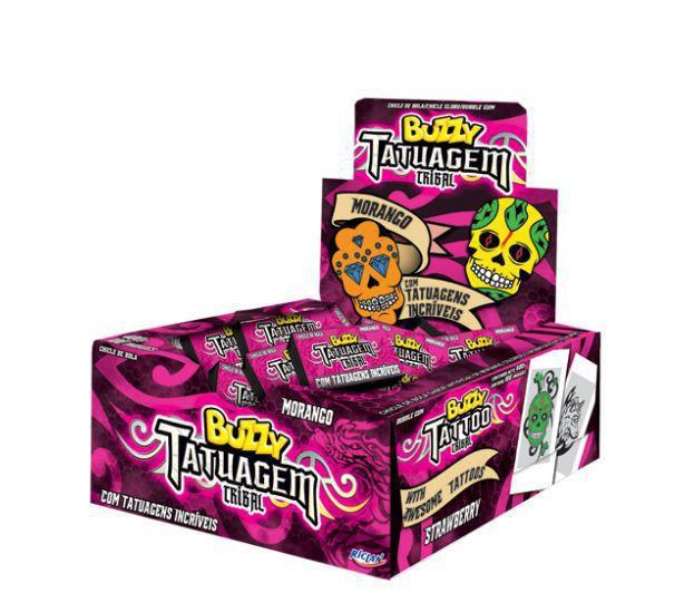 Imagem de Kit Com 2 Caixas Chiclete Buzzy Morango Tattoo Riclan