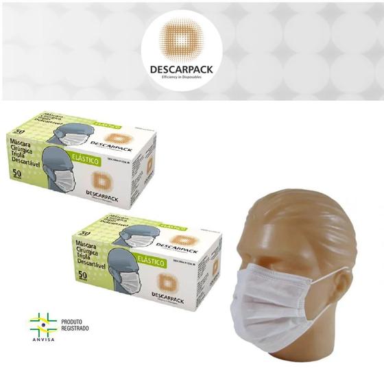 Imagem de Kit com 2 caixas de Máscara Tripla com filtro Descarpack Branca - Caixa c/ 50 und