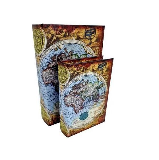Imagem de Kit Com 2 Caixas Em Formato De Livro Decorativa Mapa Globo
