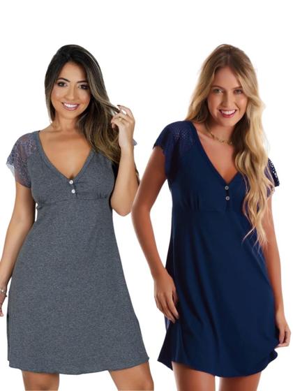 Imagem de Kit com 2 Camisolas Confortáveis em Viscose com Detalhes em Renda Estilo Camiseta Amamentação Maternidade Noite Dormir