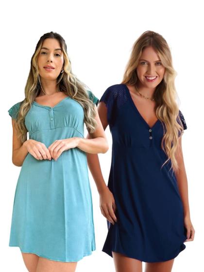 Imagem de Kit com 2 Camisolas Confortáveis em Viscose com Detalhes em Renda Estilo Camiseta Amamentação Maternidade Noite Dormir