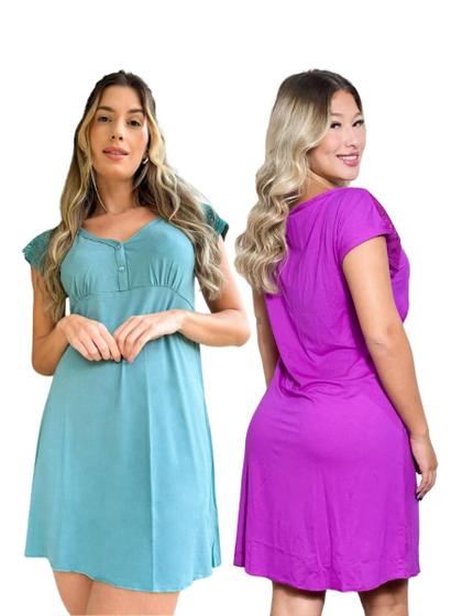 Imagem de Kit com 2 Camisolas Confortáveis em Viscose com Detalhes em Renda Estilo Camiseta Amamentação Maternidade Noite Dormir