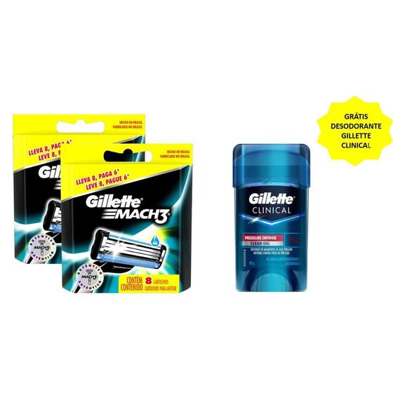 Imagem de Kit com 2 cargas Gillette Mach3 Leve 8 pague 6 Grátis Desodorante Gillette Clinical 45g
