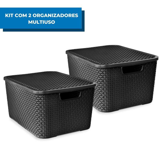 Imagem de Kit com 2 Cestos Organizadores Rattan Com Tampa 15 Litros Preto
