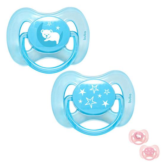 Imagem de Kit com 2 Chupetas Comfort Ursinho Com Ventilação Bico Simétrico Azul Rosa Buba