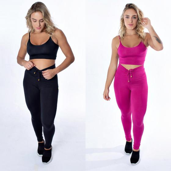Imagem de kit com 2 conjuntos fitness calça com cadarço e Top, cintura alta suplex zero transparencia