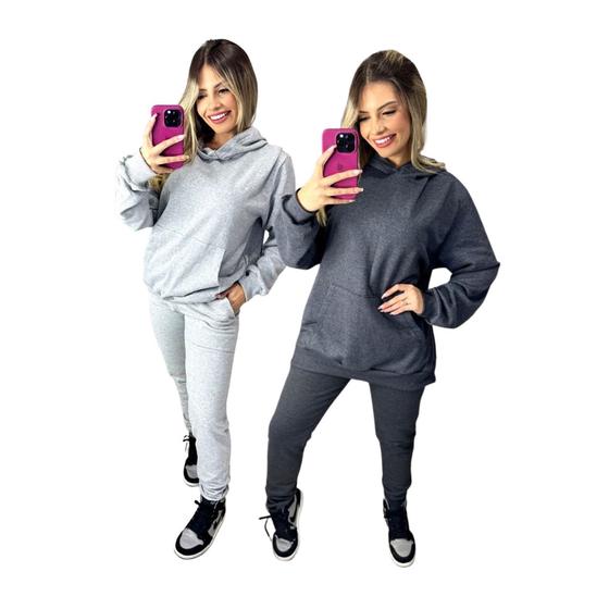 Imagem de Kit com 2 conjuntos Moletom calça e capuz feminino Inverno Slim quentinho flanelado