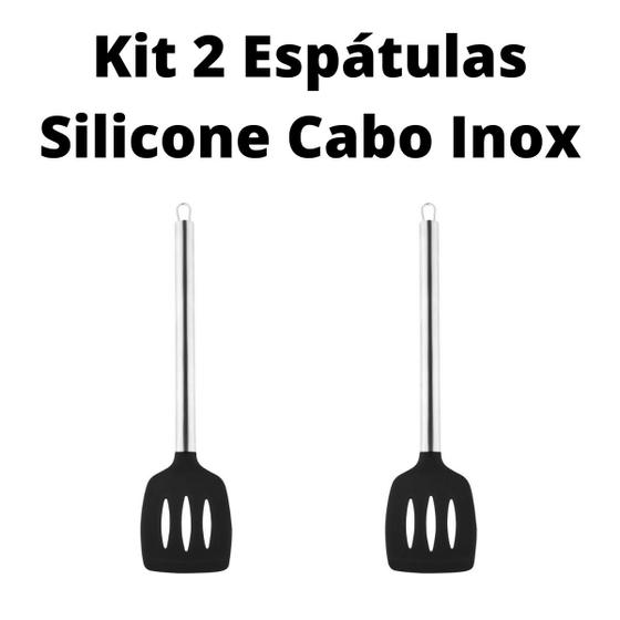 Imagem de Kit Com 2 Espátula Vazada Cabo Inox Silicone Preta Cozinha 