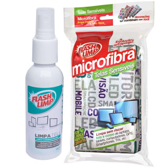 Kit com 2 Esponjas Microfibra e 1 Limpa Telas 120ml Flashlimp Menor preço em Kit com 2 Esponjas Microfibra e 1 Limpa Telas 120ml Flashlimp