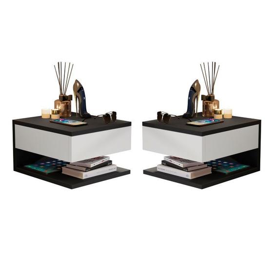 Kit com 2 Mesa de Cabeceira Suspensa c/ Gaveta e Prateleira Preto c/ Branco Menor preço em Kit com 2 Mesa de Cabeceira Suspensa c/ Gaveta e Prateleira Preto c/ Branco