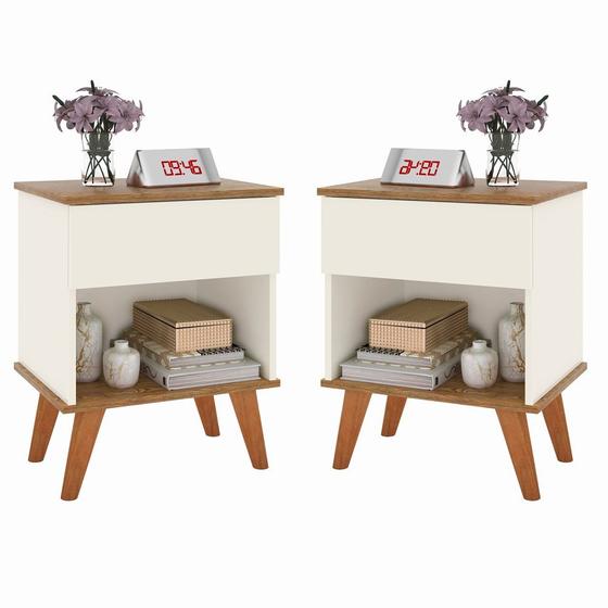 Imagem de Kit com 2 Mesas de Cabeceira para Quarto 1 Gaveta Retrô com Prateleira Duda - Cores