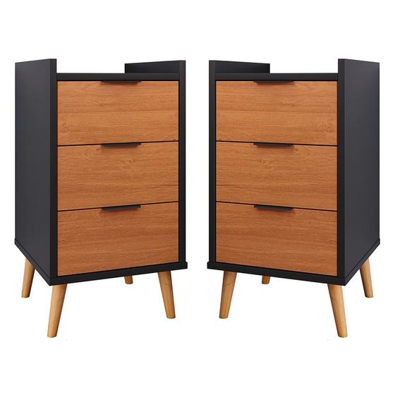 Imagem de Kit Com 2 Mesas de Cabeceiras Retrô Pés Palito - Jasper - 3 Gavetas - Cor: Preto Com Cinamomo - Lojas K7