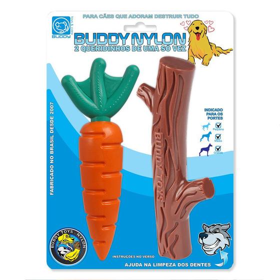 Imagem de Kit com 2 Mordedores para roer Cenoura + Graveto Nylon Queridinhos Buddy Toys para cães