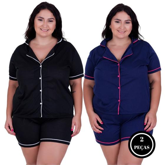 Imagem de Kit Com 2 Pijamas Americano Plus Size Com Botões Amamentação - c11 KIT 2 PLUS BRENDA PRETO E MARINHO