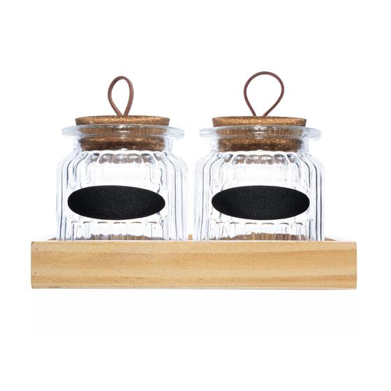 Imagem de Kit Com 2 Potes De Vidro 260Ml E Suporte Em Madeira
