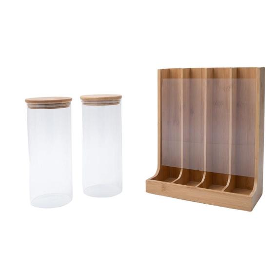 Imagem de Kit Com 2 Potes De Vidro Com Tampa De Bambu 800Ml E Porta Cá