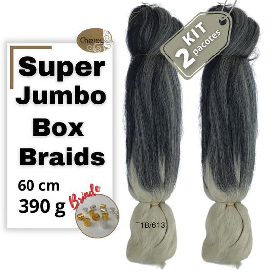 Imagem de KIT com 2 Super Jumbos Cherey Cor T1B/613 Preto/Loiro Claro 390g Para Tranças Box Braids Nagô Dread 60 cm Ombré