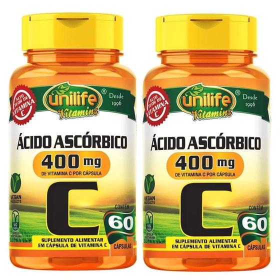 Imagem de Kit com 2 Vitaminas C Ácido Ascórbico Unilife 60 750mg cápsulas Original