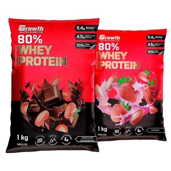 Kit com 2 Whey Protein Concentrado Growth Vários Sabores Chocolate