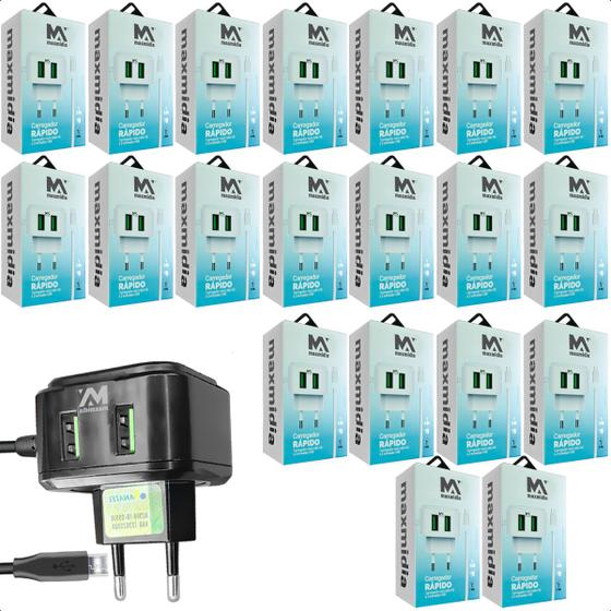 Imagem de Kit com 20 Carregador Turbo Celular V8 Multiuso Atacado 2.4a Usb 2 Entrada