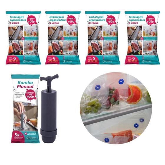 Imagem de Kit Com 20 Sacos A Vácuo Tamanho Médio E Bomba Unitária Alimentos Para Geladeira Congelador Refrigerador Vedação Embalagens Transparentes.