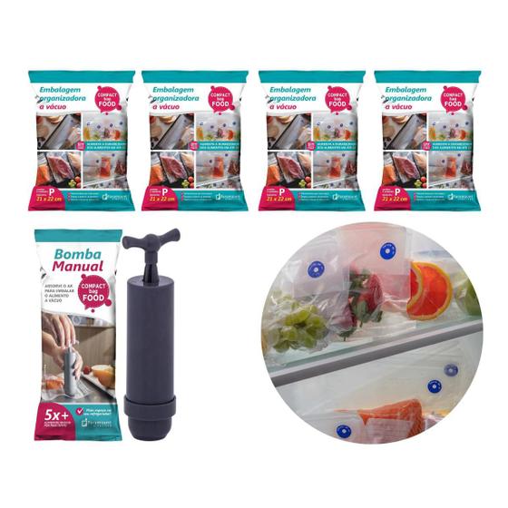 Imagem de Kit Com 20 Sacos A Vácuo Tamanho Pequeno E Bomba Unitária Avulsa Alimentos Para Geladeira Congelador Refrigerador Vedação Embalagens Transparentes.