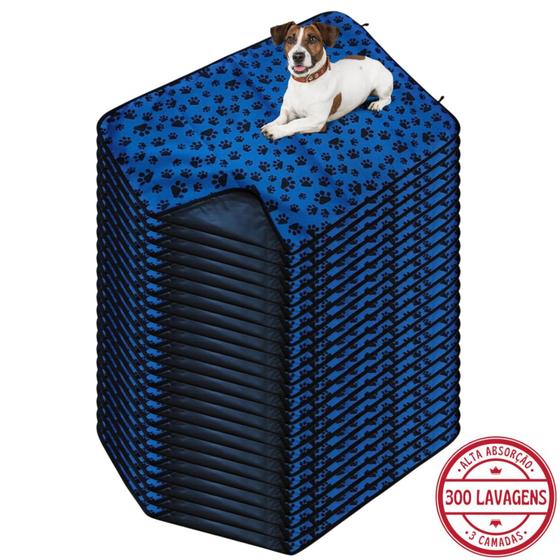 Imagem de Kit com 24 Fraldas de Cães p/Chão 100x70 Patinha Azul c/Ganchos - 300 Lavagens Alta Absorção