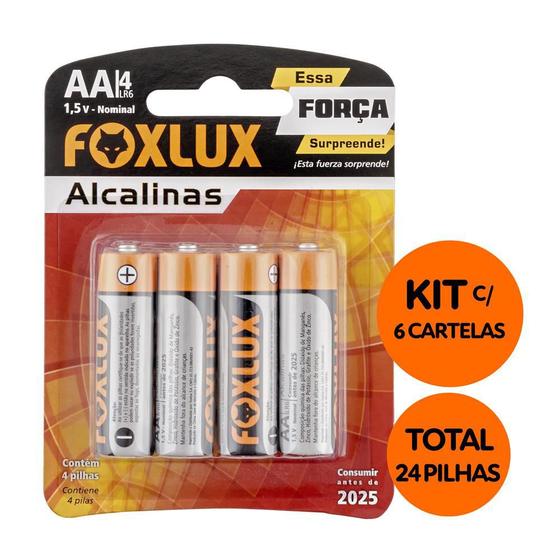 Imagem de Kit com 24 Pilhas Alcalina Pequena AA Tensão Nominal: 1,5V  Foxlux