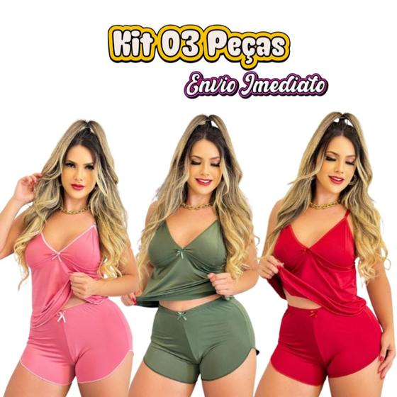 Imagem de Kit com 3 Baby Doll Pijama Sem Bojo Malha Fria liganete  Short Doll Feminino Conjunto Com Renda Baby Dool Babydoll