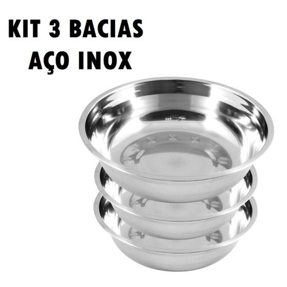 Imagem de Kit com 3 Bacias Em Aço Inox Multiuso - UnyHome - Reforçada - 36cm - 38cm - 40cm