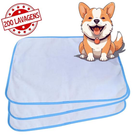 Imagem de Kit com 3 Banheiro para Cães Tecido Ecológico 70x50 Branco com borda Azul - 200 Lavagens