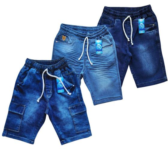 Imagem de Kit com 3 bermudas jeans infantil menino com elastano tam 4,6 e 8 anos.