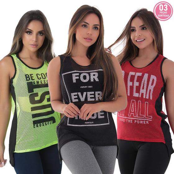 Imagem de Kit com 3 Blusas Tela Fitness Colorida