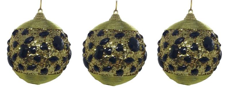 Imagem de Kit com 3 Bolas de Natal Luxo Dourado com Glitter e Pedras 8cm de Ø