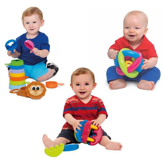 Kit Com 3 Brinquedos Educativos Para Bebês 6 + Meses: Empilha Macaco ...