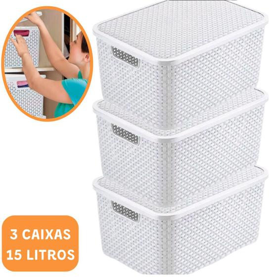 Imagem de Kit Com 3 Caixa Com Tampa  Organizadora Rattan 15 Litros Branca