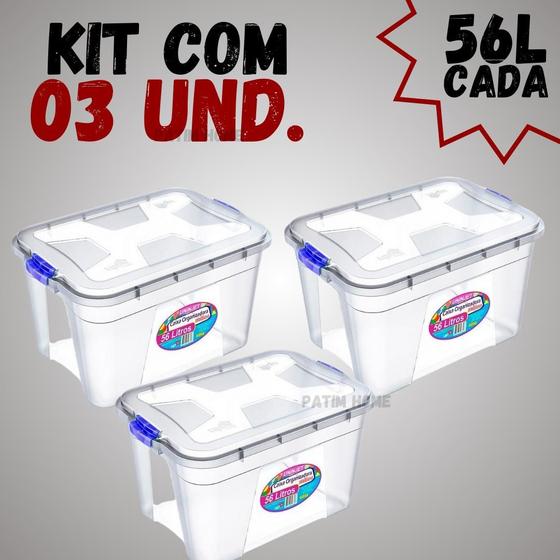 Imagem de Kit com 3 Caixas Organizadoras Multiuso de 56L cada