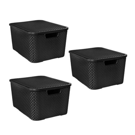 Imagem de Kit Com 3 Caixas Organizadoras Rattan Com Tampa 7L Preto