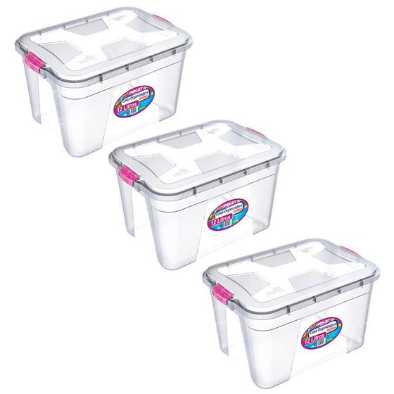 Imagem de Kit Com 3 Caixas Organizadoras Transparente 12 Litros Com Trava