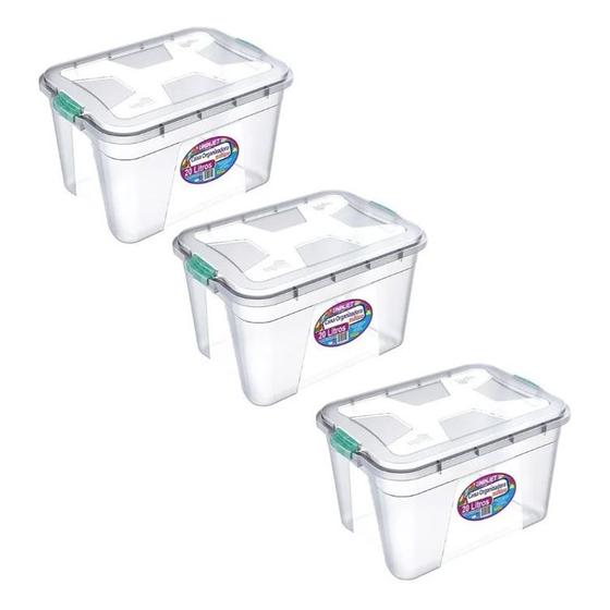 Kit Com 3 Caixas Organizadoras Transparentes C/ Travas Coloridas 20 Litros Menor preço em Kit Com 3 Caixas Organizadoras Transparentes C/ Travas Coloridas 20 Litros