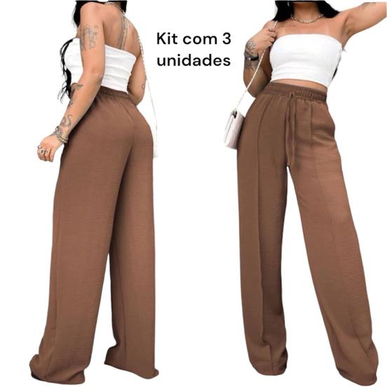 Imagem de kit com 3 calça pantalona com elastico e cintura alta com bolsos cores sortidas