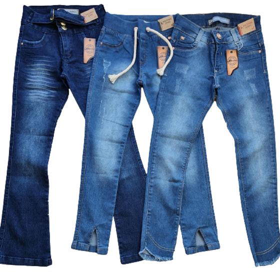 Imagem de Kit com 3 calças jeans infantil menina com lycra Tam 4 a 16 anos.