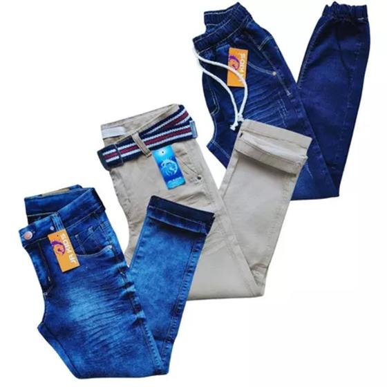 Imagem de kit com 3 calças jeans juvenil masculina com elastano e ajuste interno.