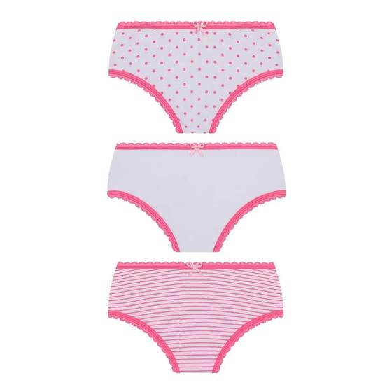 Imagem de Kit com 3 Calcinhas Infantis em Algodão Branco e Rosa - Lupo Lobinha