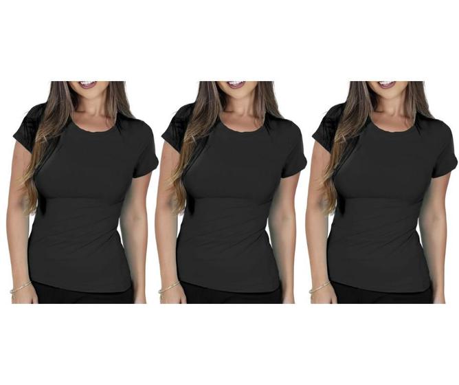 Imagem de Kit com 3 Camisas Camisetas Blusas Baby Looks T-shirts Masculina Feminina Slim Básica 100% Algodão